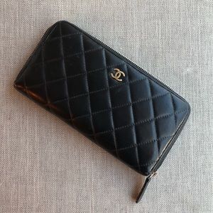 Chanel Black Lambskin Quilted Zip Around Wallet